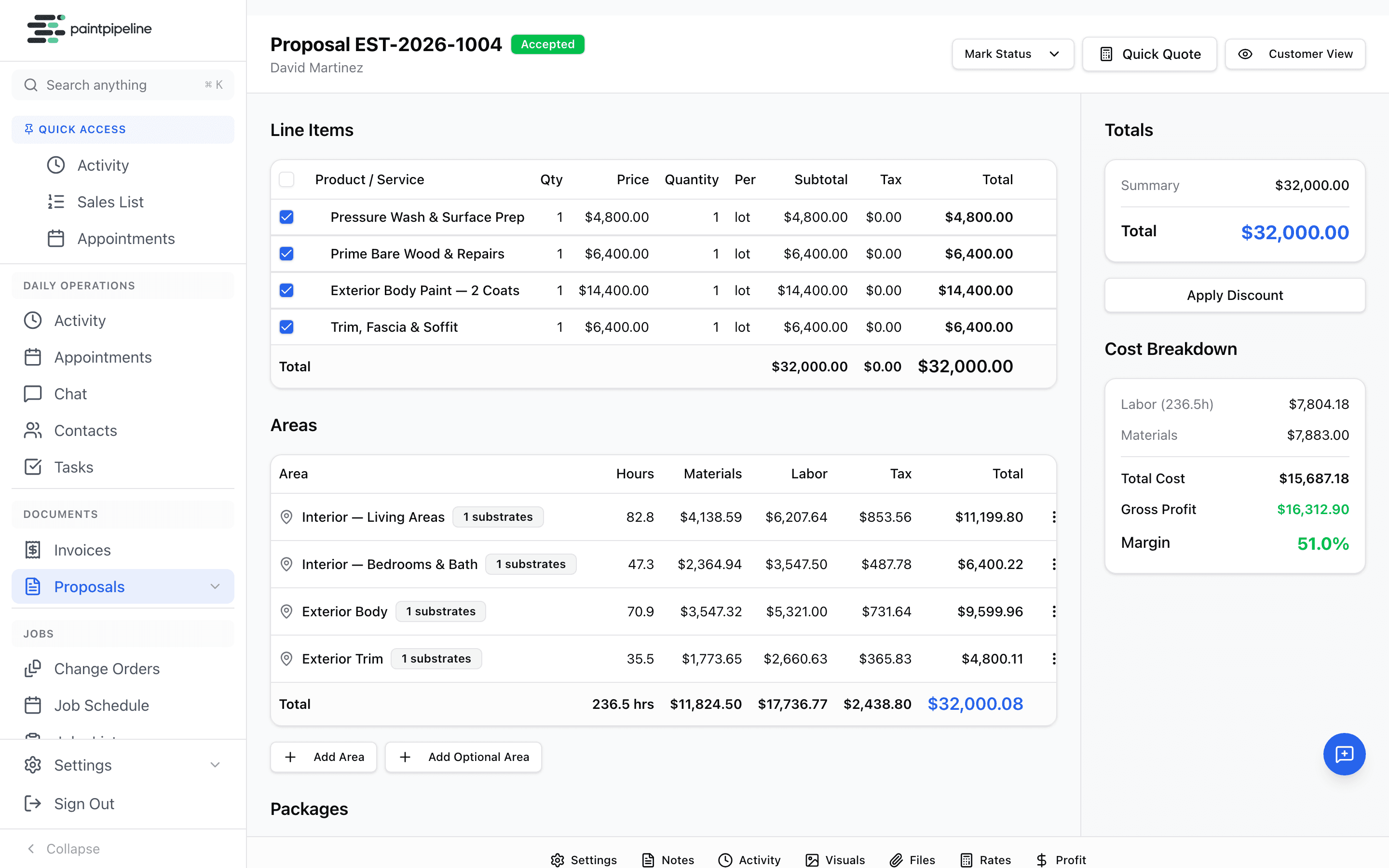 PaintPipeline Estimate Builder — $32K estimate with 51% margin