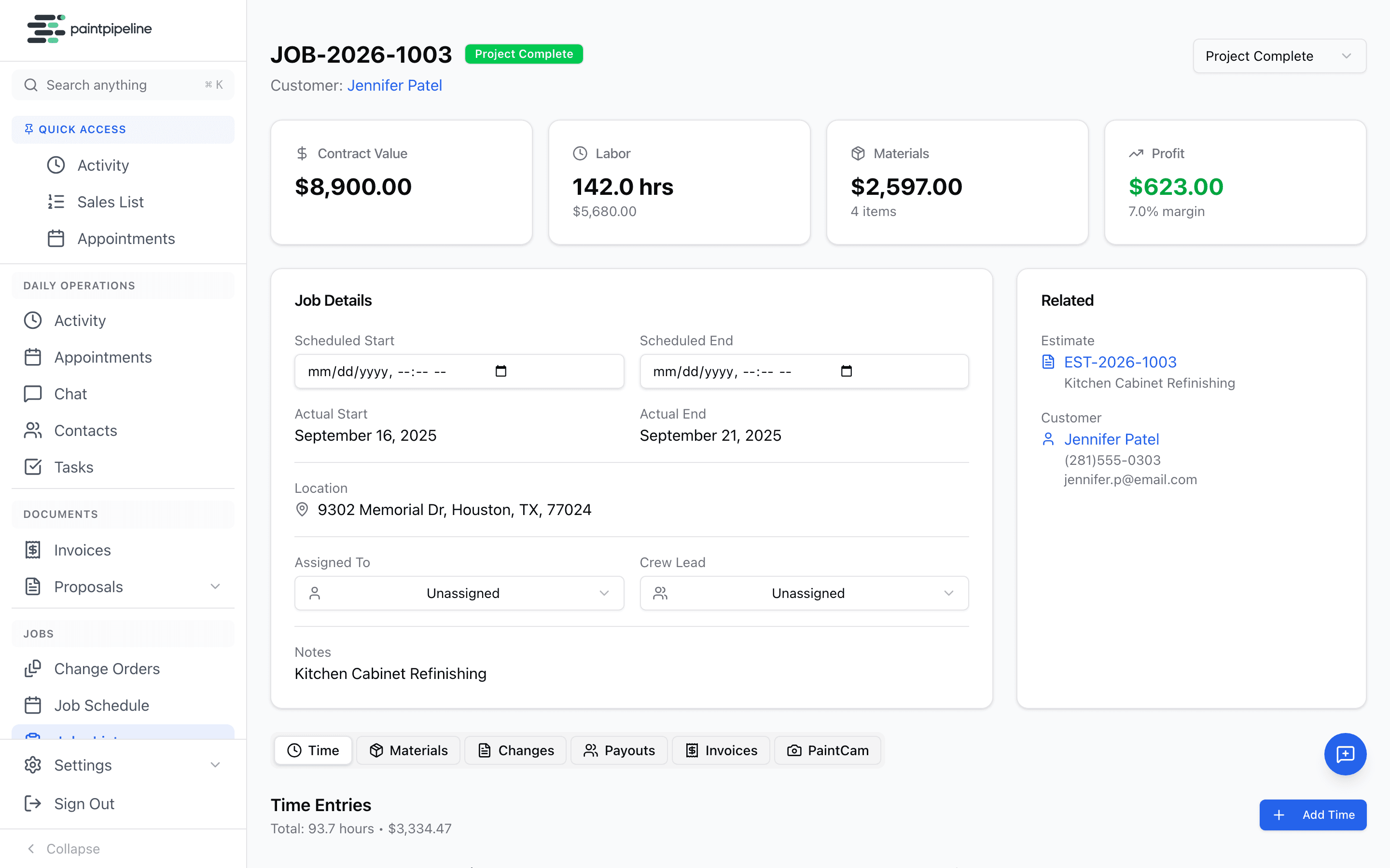 Job detail — contract value, labor, materials, profit