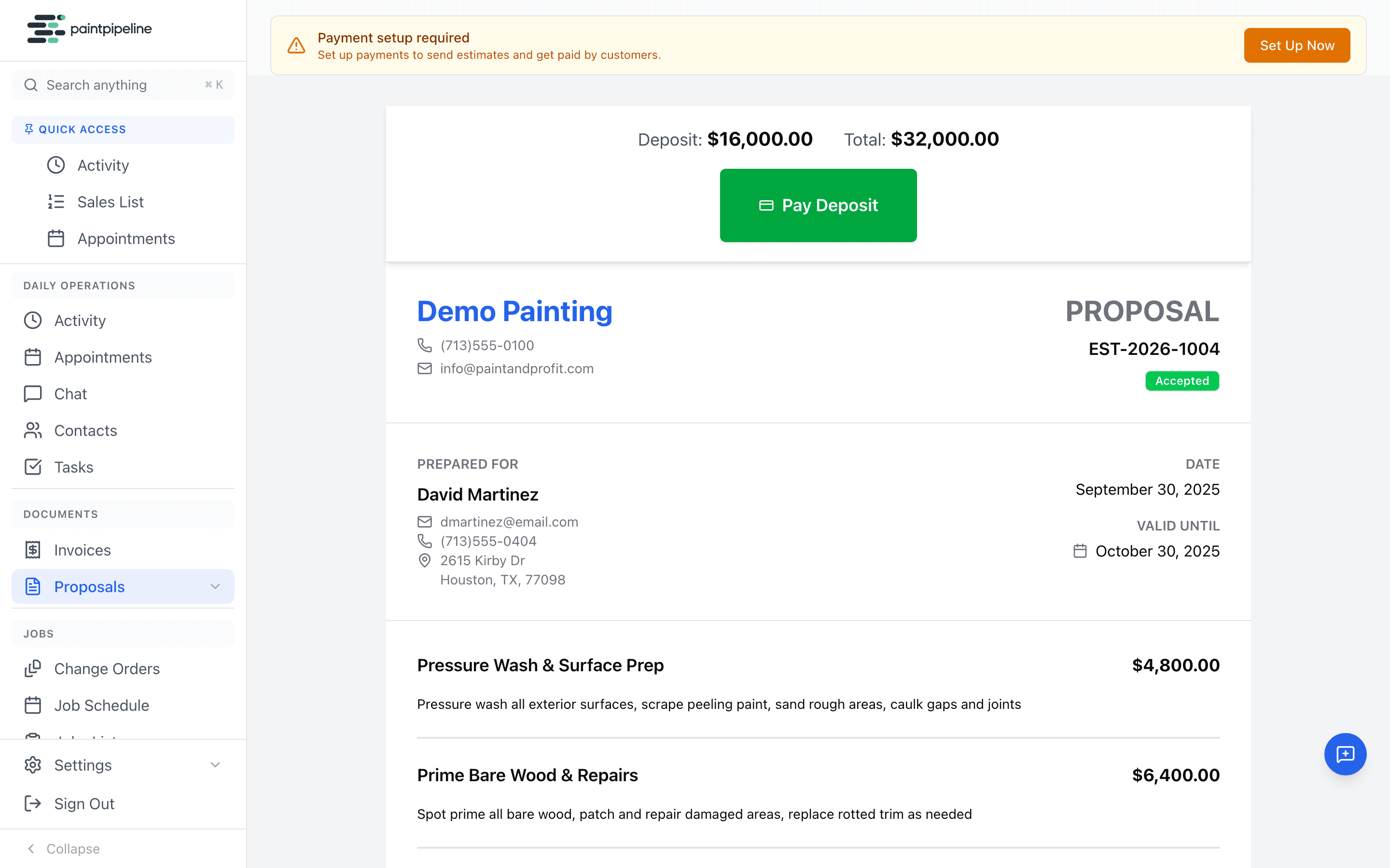 Professional proposal with deposit button